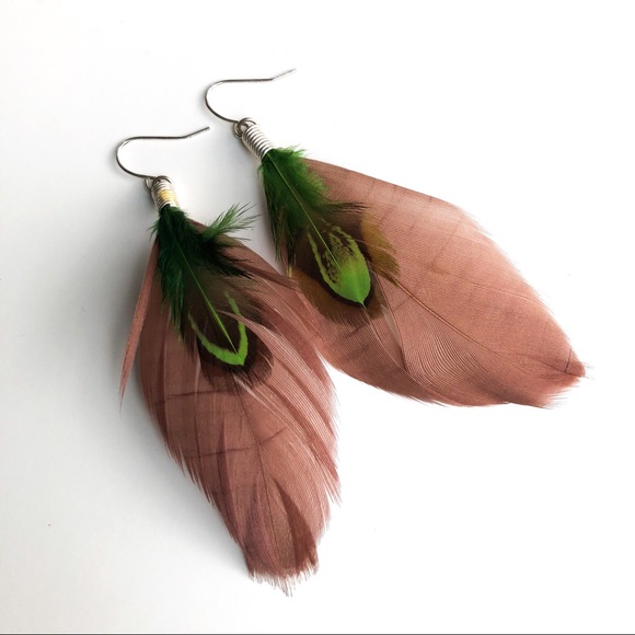 Jewelry - Boho Feather earrings brown green